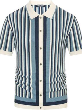 Men's White-blue Retro Knit Polo Vintage Striped Casual Summer Shirt